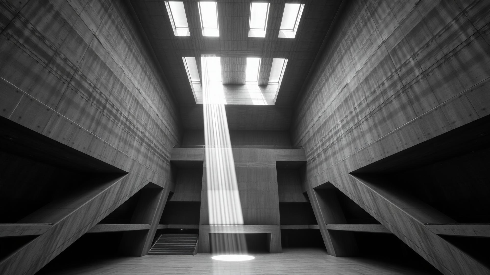 Brutalistische Architektur mit Lichtstrahl